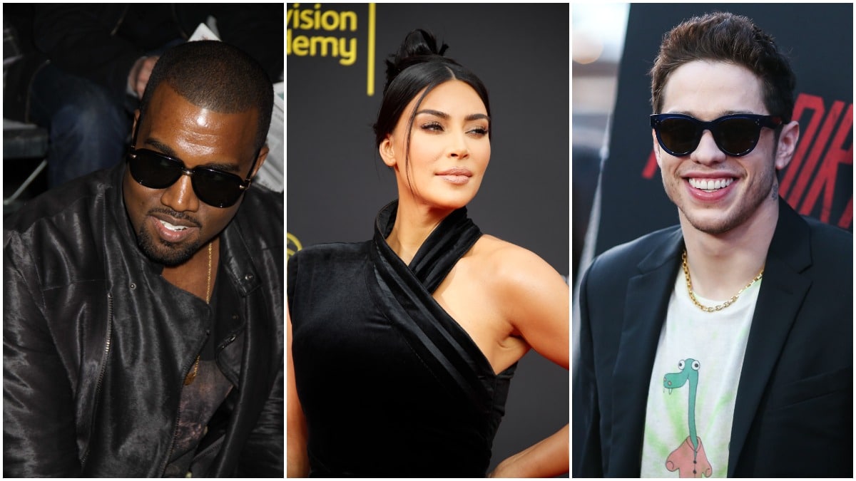 Kanye West, Kim Kardashian, and Pete Davidson at three different events.
