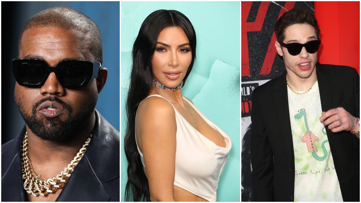 Kanye West, Kim Kardashian, and Pete Davidson posing at three separate events.