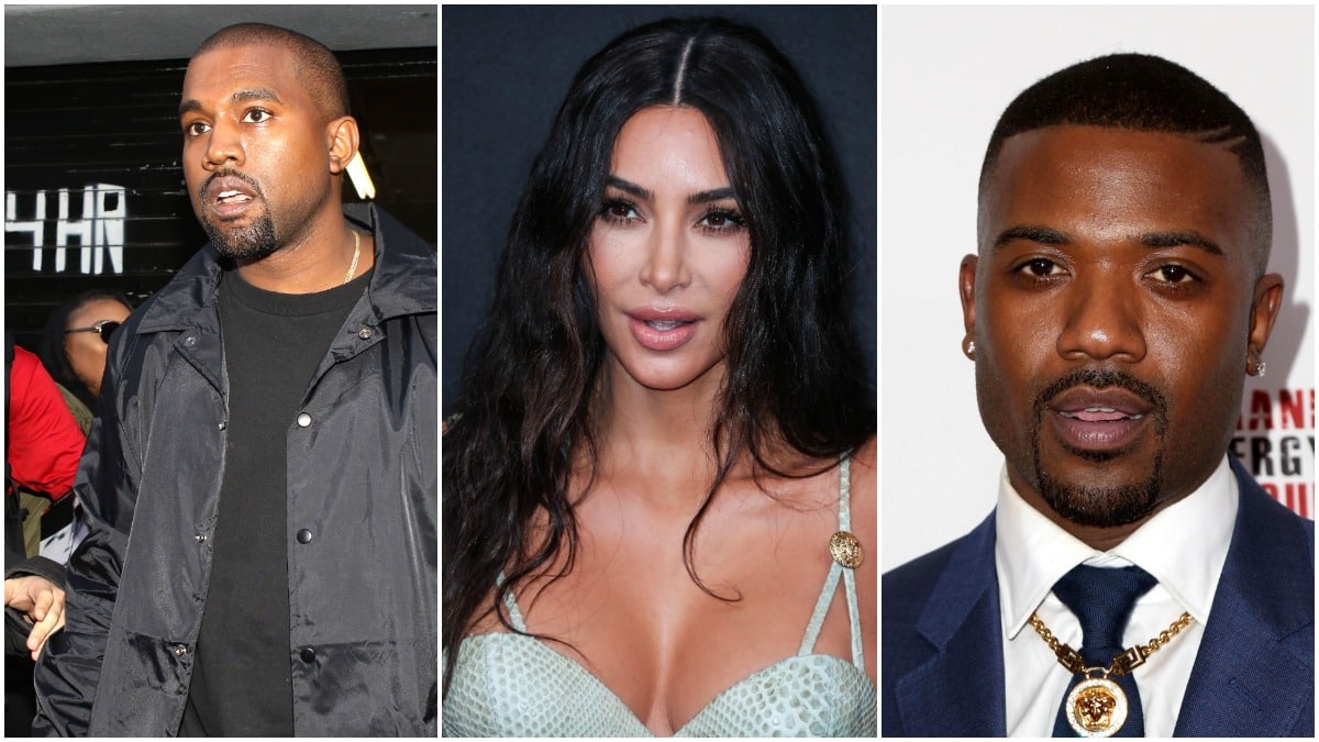 Kanye West, Kim Kardashian, and Ray J photographed at three different locations.
