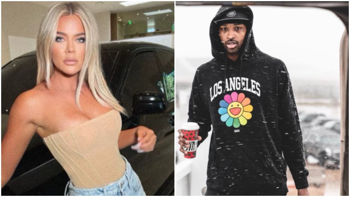 Khloe Kardashian posing next to a car and Tristan Thompson holding coffee.