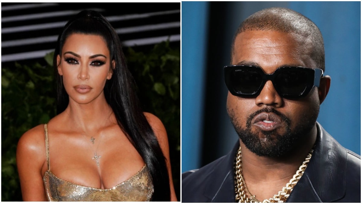 Kim Kardashian and Kanye West looking at the camera at separate events.