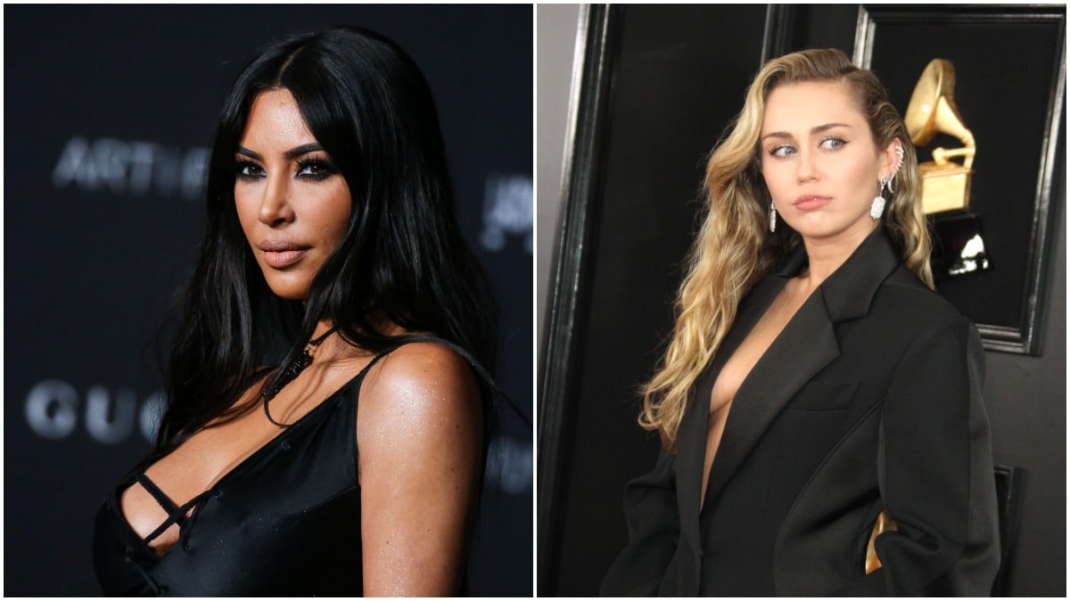 Kim Kardashian on the red carpet in a black dress and Miley Cyrus posing at the Grammys in a blazer.