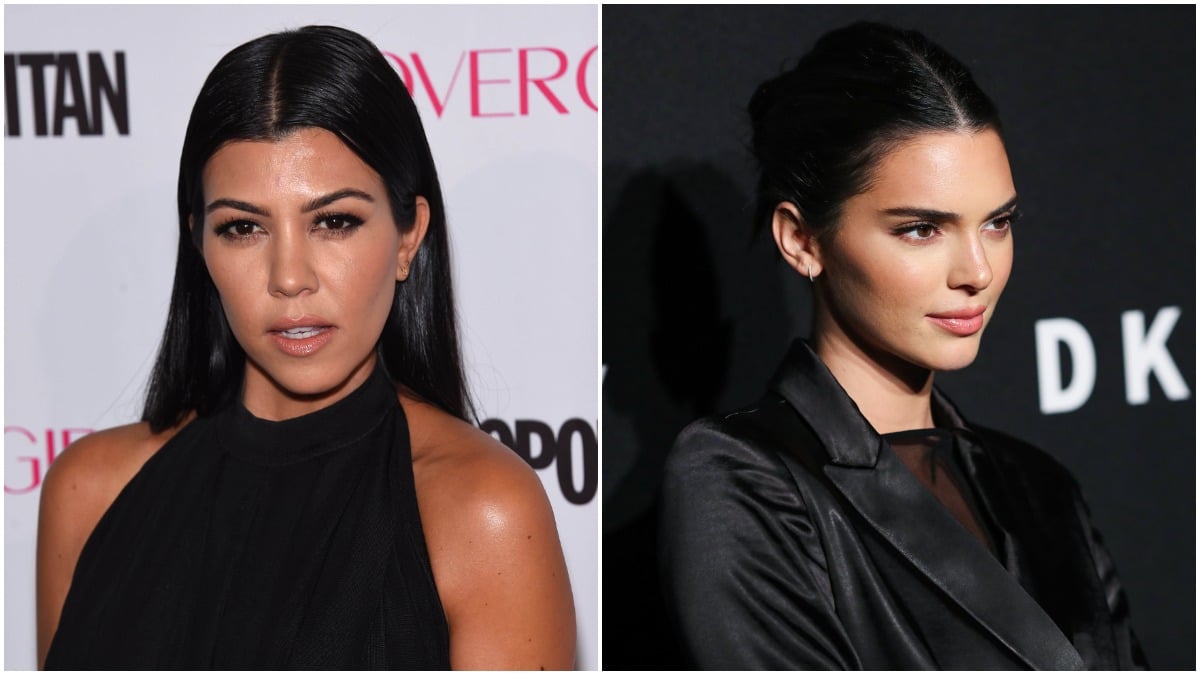 Kourtney Kardashian and Kendall Jenner posing at two different events.