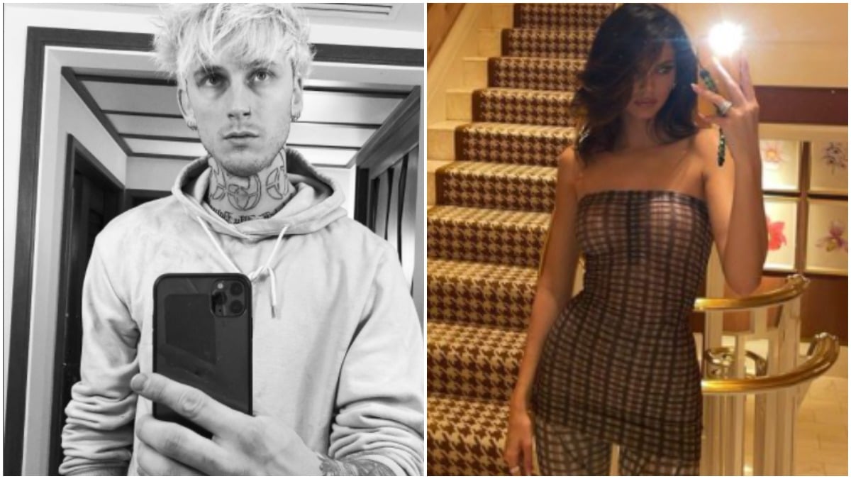 Machine Gun Kelly holding a phone and posing and Kendall Jenner posing next to a staircase.