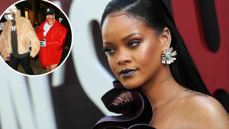 Rihanna on the red carpet with Rihanna and ASAP Rocky in the inset