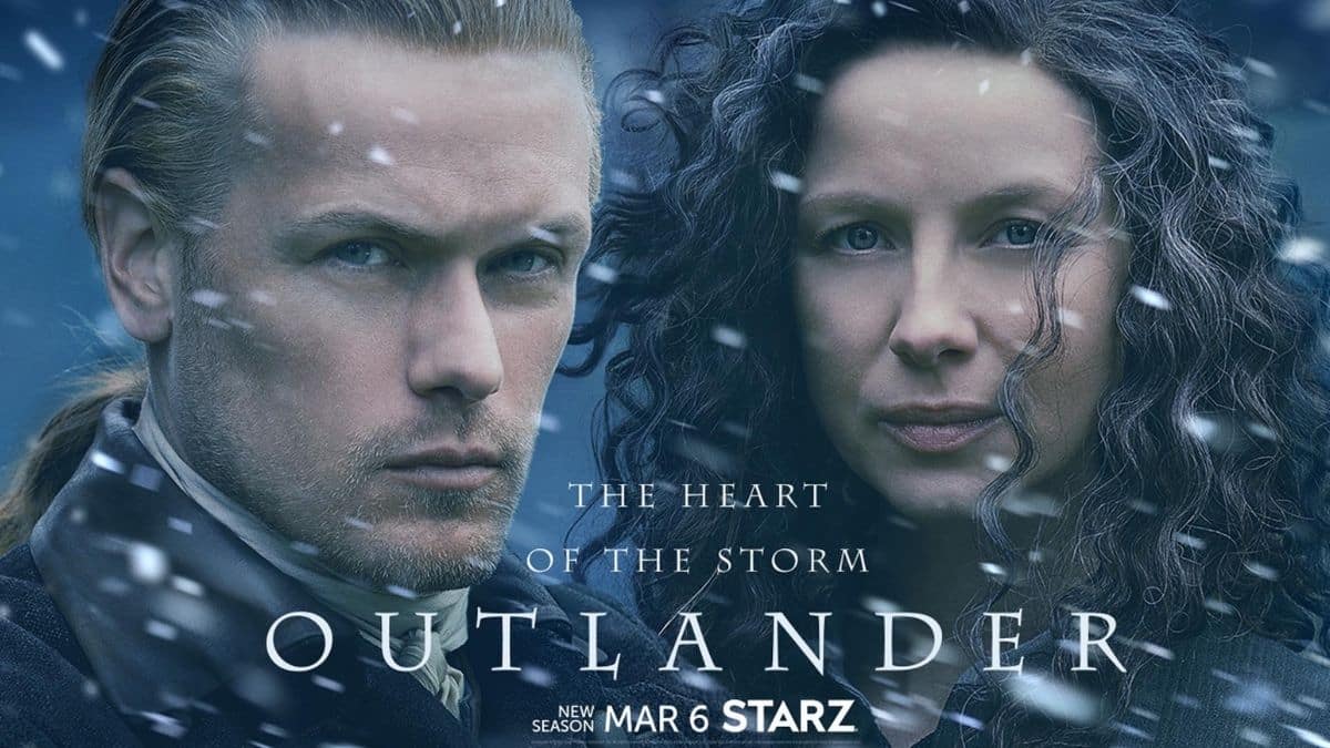 Sam Heughan as Jamie and Caitriona Balfe as Claire, as seen in the Season 6 promotional poster for Starz's Outlander