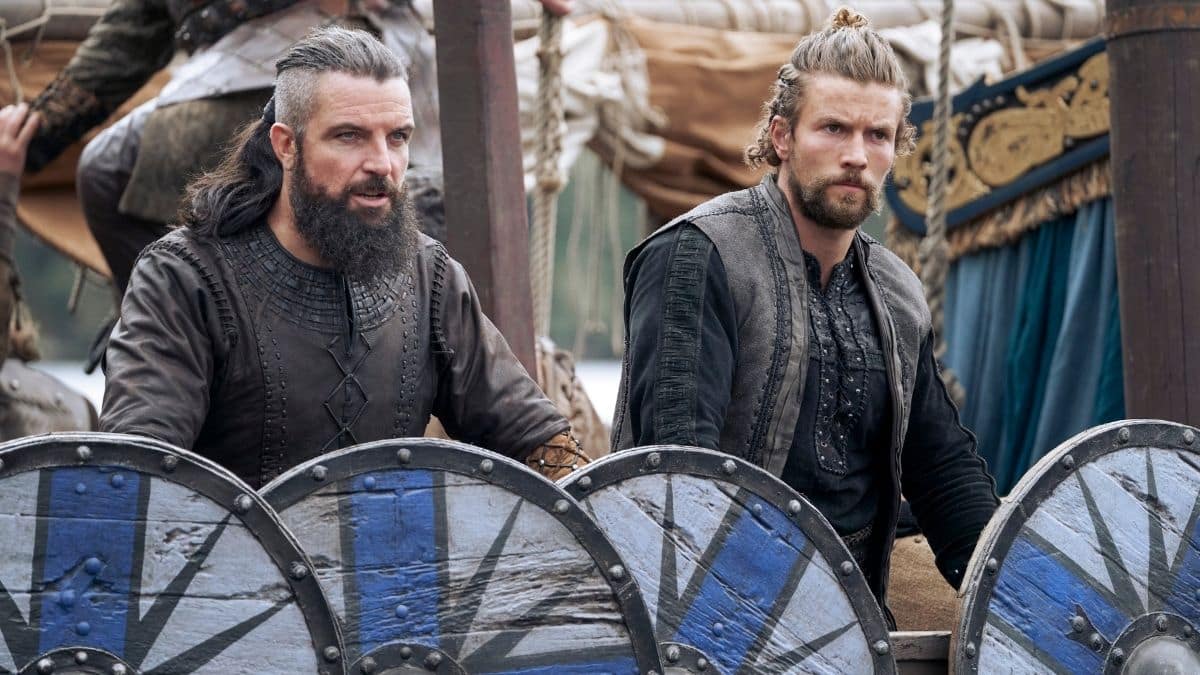 Bradley Freegard as King Canute and Leo Suter as Harald Sigurdsson, as seen in Episode 2 of Netflix's Vikings: Valhalla