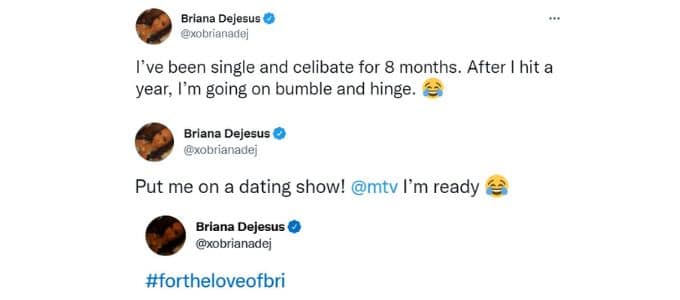 briana dejesus tweeted that she's been celibate and wants mtv to give her a dating show