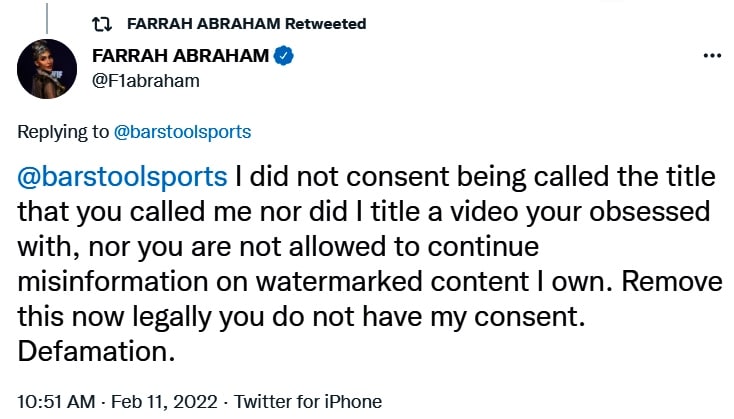 farrah abraham is threatening a defamation lawsuit against bar stool sports