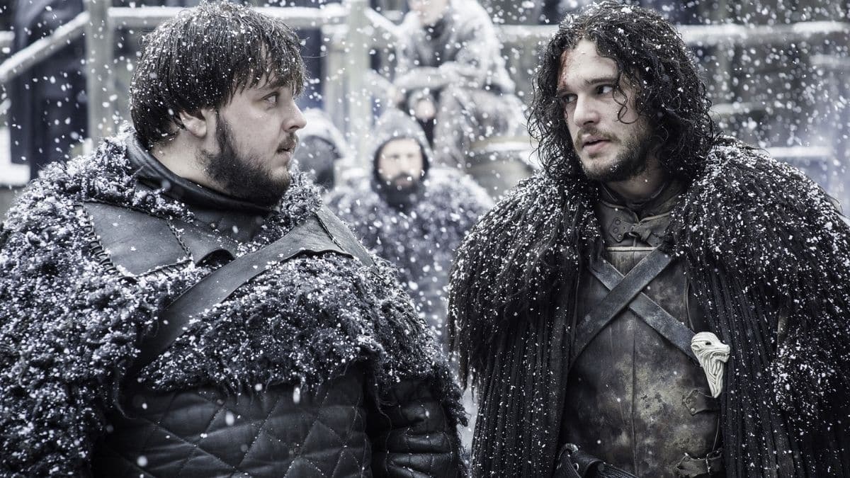 John Bradley as Samwell Tarly and Kit Harington as Jon Snow, as seen in Episode 9 of Season 5 of HBO's Game of Thrones
