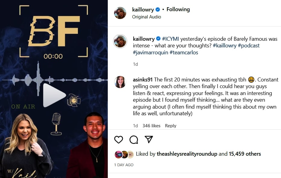 Kail Lowry's IG post about her podcast episode with Javi Marroquin
