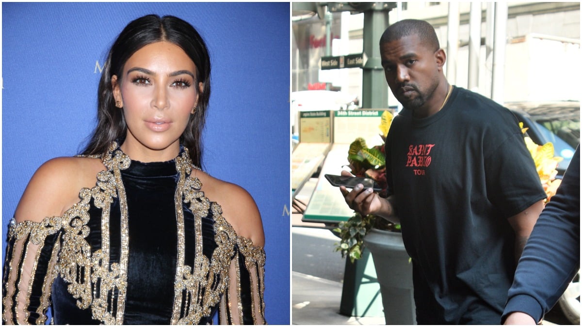Kim Kardashian and Kanye West posing at two different events.