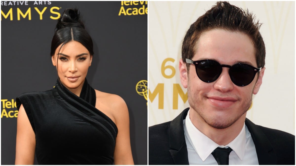 Kim Kardashian and Pete Davidson posing at separate events.