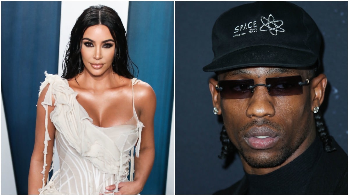 Kim Kardashian posing on the red carpet and Travis Scott looking away from the camera.