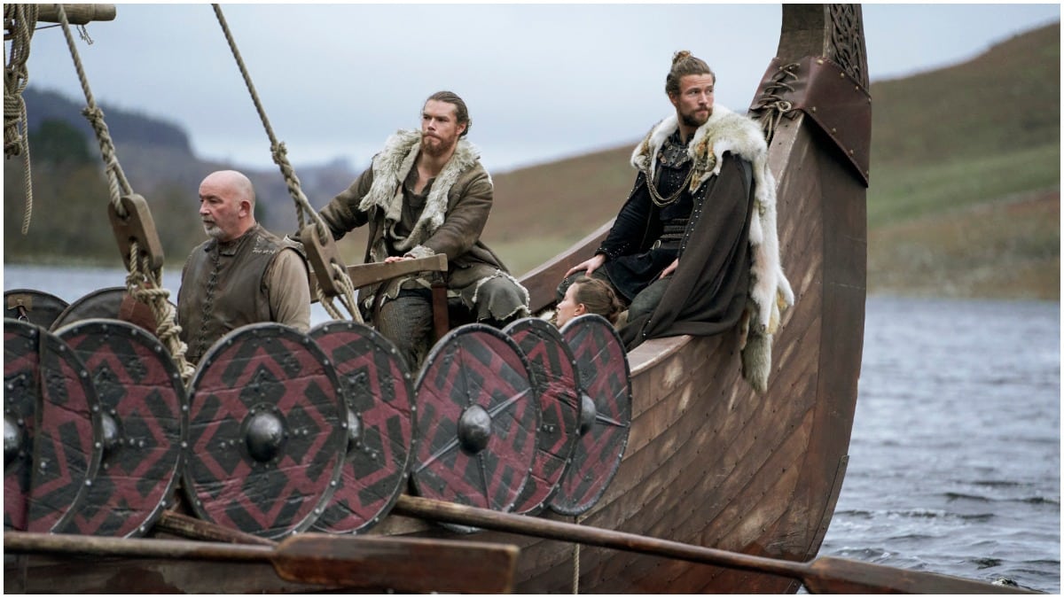 Sam Corlett as Leif Eriksson, Lujza Richter as Liv, and Leo Suter as Harald Sigurdsson, as seen in Season 1 of Netflix's Vikings Valhalla