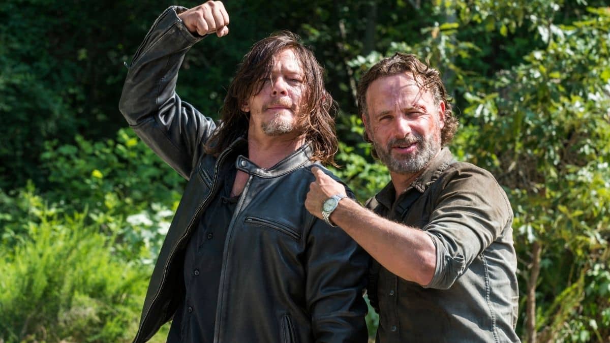 Norman Reedus as Daryl Dixon and Andrew Lincoln as Rick Grimes, as seen on-set for Episode 4 of AMC's The Walking Dead Season 8