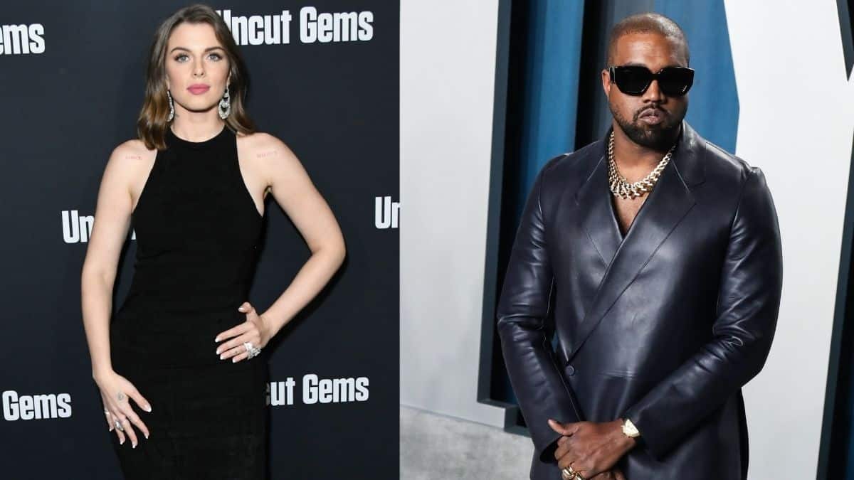 Julia Fox at the premiere of Uncut Gems in 2019 and Kanye West at the 2020 Vanity Fair Oscar Party.