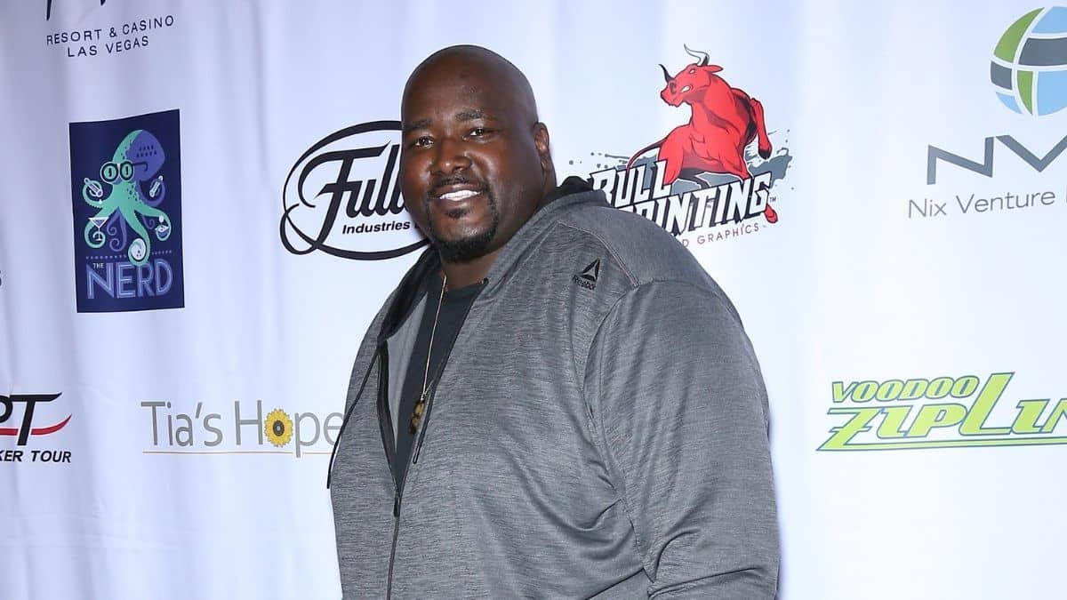 Quinton Aaron at the One Step Closer Foundation celebrity poker tournament in Las Vegas in 2019 at Aria Resort and Casino.