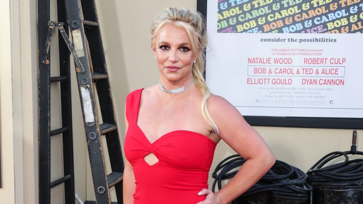 Britney Spears wearing a Nookie dress arrives at the World Premiere Of Sony Pictures' 'Once Upon a Time In Hollywood' held at the TCL Chinese Theatre IMAX on July 22, 2019
