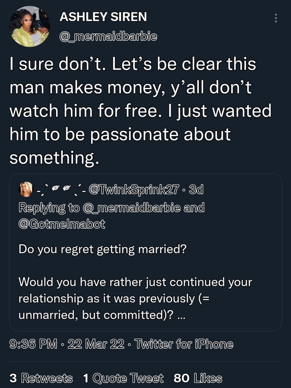 ashley jones said on twitter she doesn't regret marrying bar smith