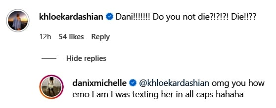 khloe comments on dani's IG post