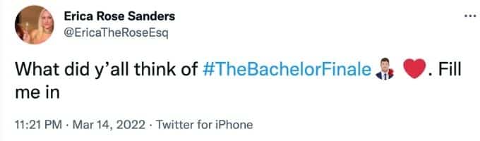 Erica promotes The Bachelor finale.