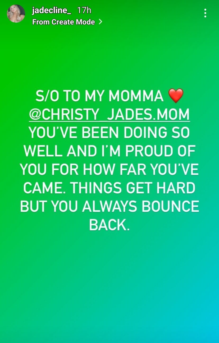 jade cline gives a shout out to her mom christy on IG