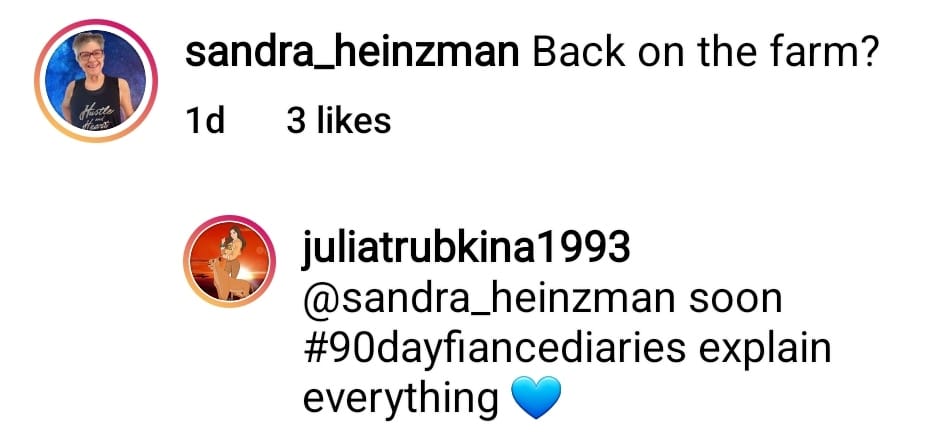 julia tells a fan on IG everything will be explained during 90 day diaries