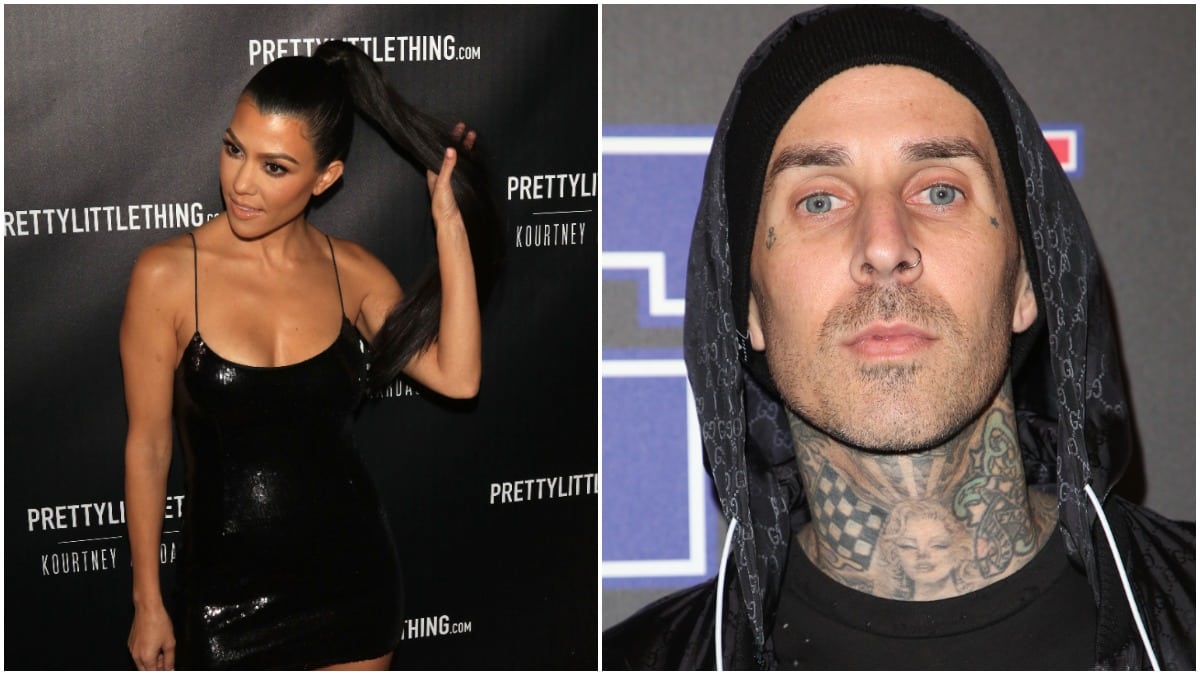 Kourtney Kardashian and Travis Barker at two different events.