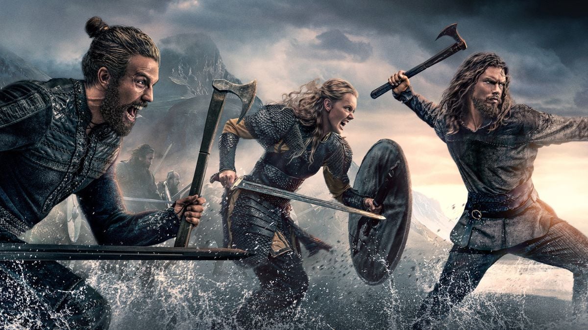 Leo Suter as Harald Sigurdsson, Frida Gustavsson as Freydis Eriksdotter, and Sam Corlett as Leif Eriksson, as seen in the promotional poster for Season 1 of Netflix's Vikings: Valhalla
