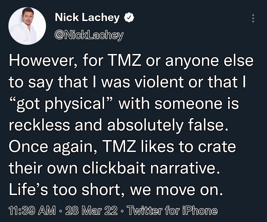 nick lachey tweets another message about his scuffle with a photog and claims things didn't get physical