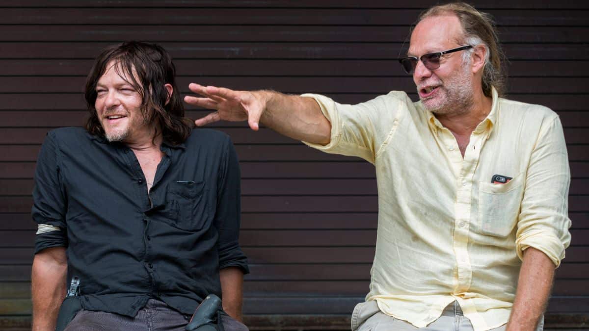 Behind-the-scenes shot from Episode 1 of AMC's The Walking Dead Season 8, featuring Norman Reedus and Greg Nicotero