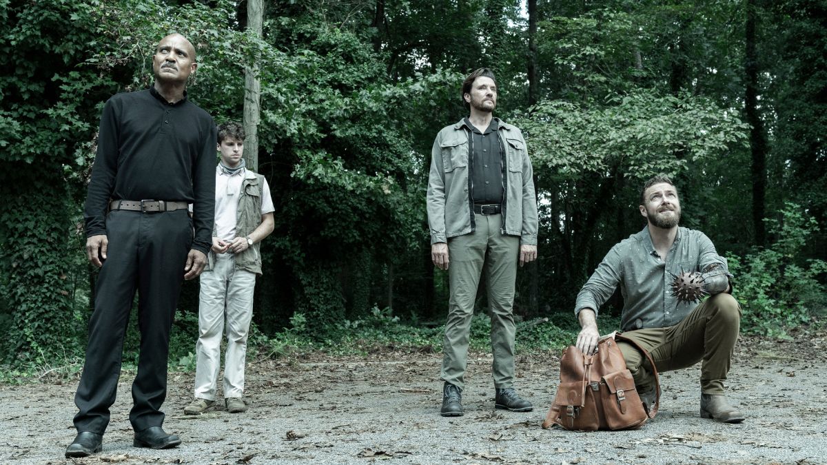 Seth Gilliam as Father Gabriel Stokes, Connor Hammond as Jesse, Jason Butler Harner as Carlson, and Ross Marquand as Aaron, as seen in Episode 13 of AMC's The Walking Dead Season 11