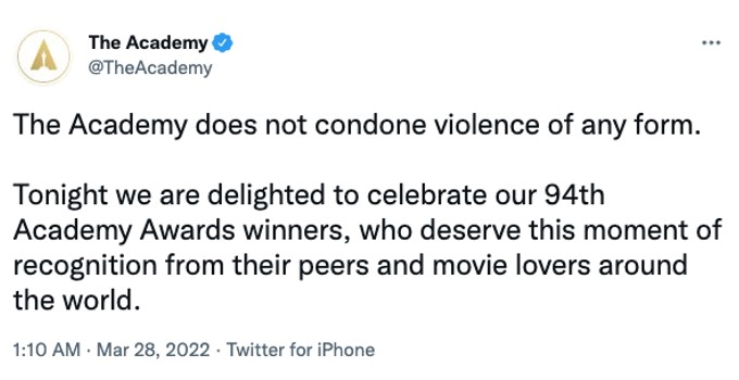 The Academy addresses violence at the Oscars
