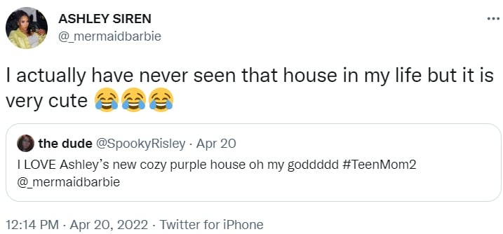 ashley jones tweets that she's never seen the purple house MTV showed as hers on teen mom 2