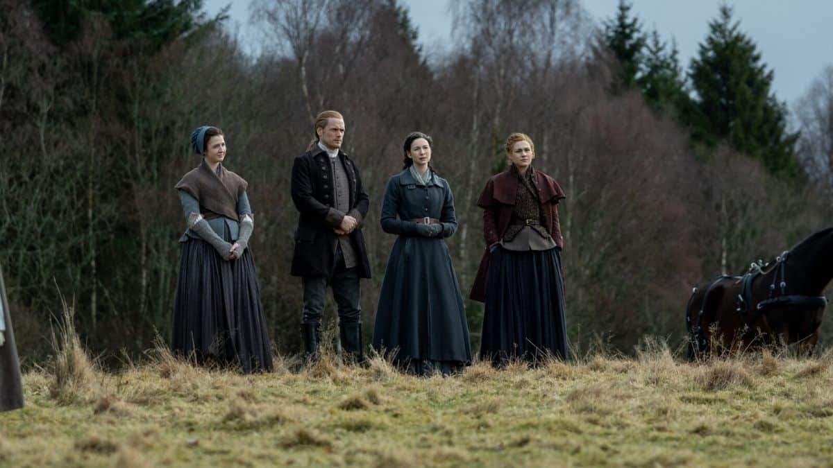 Caitlin O' Ryan as Lizzie, Sam Heughan as Jamie, Caitriona Balfe as Claire, and Sophie Skelton as Brianna, as seen in Episode 6 of Starz's Outlander Season 6