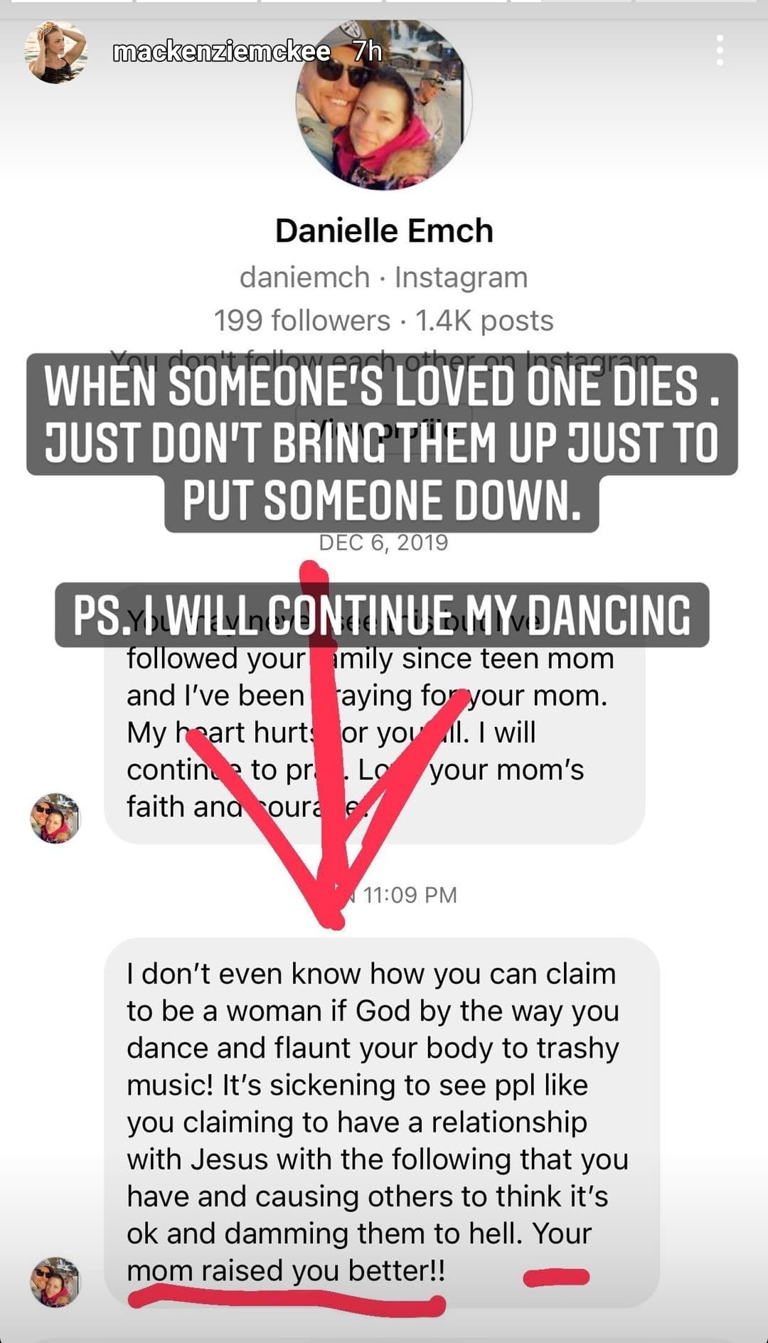 a troll insulted mackenzie mckee in her IG dms