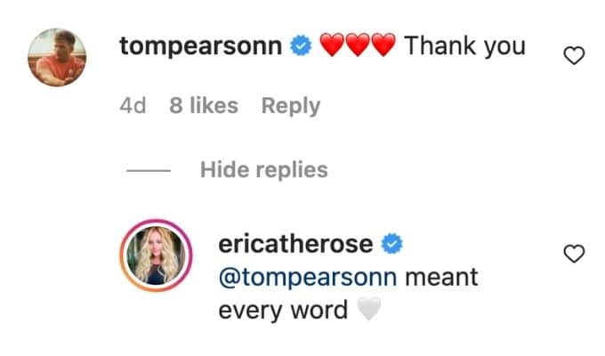 Tom comments on Erica's Instagram post.
