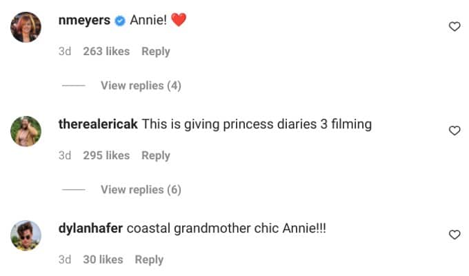 Fans respond to Anne Hathaway's coastal grandma post, sharing that she looks a lot like Diane Keaton in Annie Hall.