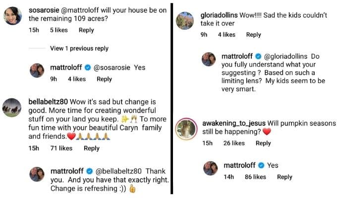 matt roloff interacts with fans on IG answering questions about selling part of the farm