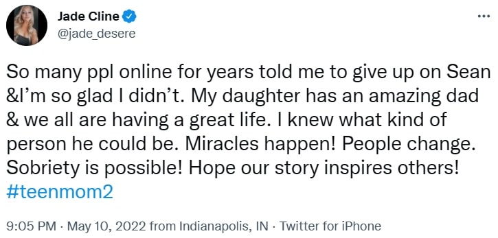 jade cline tweets that she's glad she didn't listen to doubters who told her to give up on sean austin