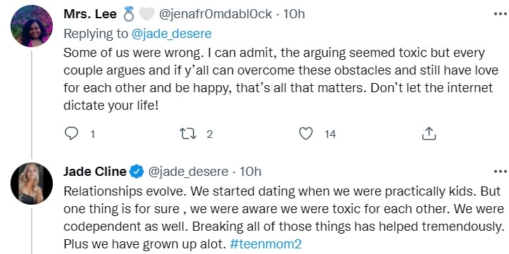 jade cline responds on twitter to a fan who admitted tm2 viewers were wrong about her relationship with sean austin