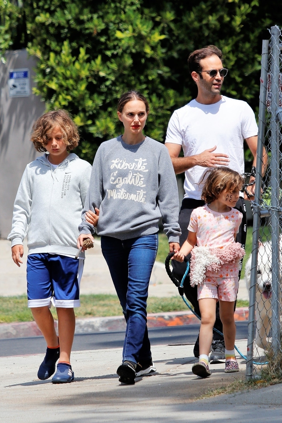 Natalie Portman on a walk with husband Benjamin Millepied and their children Amalia and Aleph