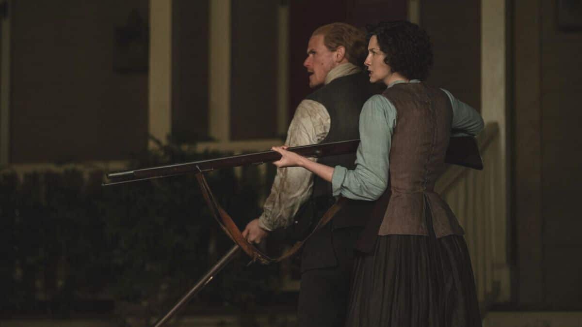Sam Heughan as Jamie and Caitriona Balfe as his wife, Claire Fraser, as seen in Episode 8 of Starz's Outlander Season 6