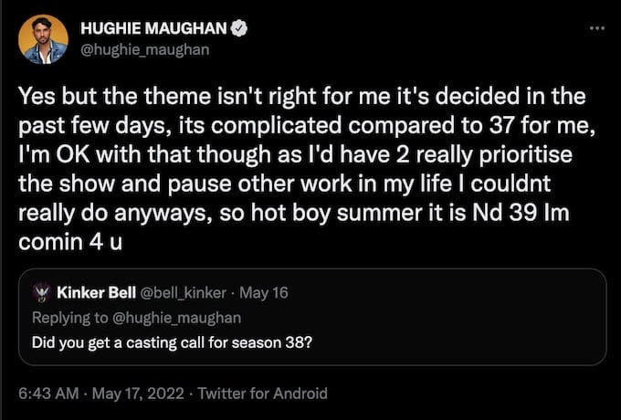 the challenge season 37 rookie hughie maughan tweets about season 38