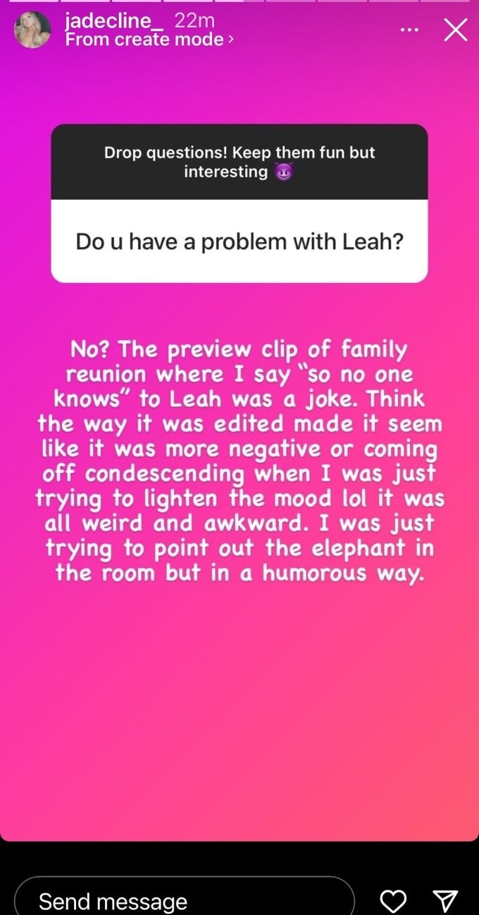 Jade Cline answers a fan's question about her relationship with Leah Messer.