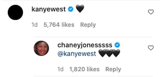 kanye west and chaney jones show love for one another instagram post comments