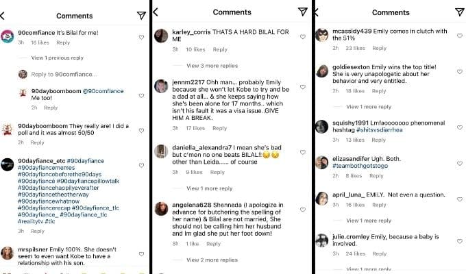 Instagram comments about Emily Bieberly and Bilal Hazziez