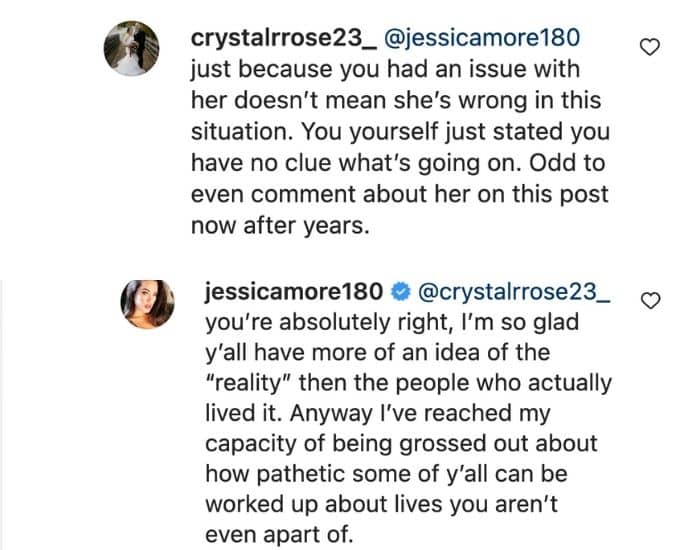 Jessica has exchange with fan standing up for Aesha.