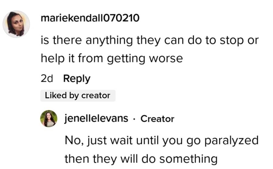 jenelle evans responds to a fan in the comments of her tiktok video about her spinal issues